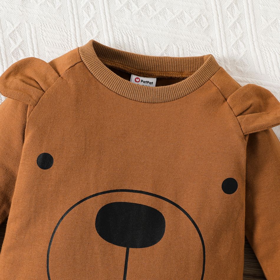 2pcs Baby Boy/Girl 95% Cotton Long-sleeve Bear Print 3D Ears Design Brown Jumpsuit with Hat Set Brown big image 3