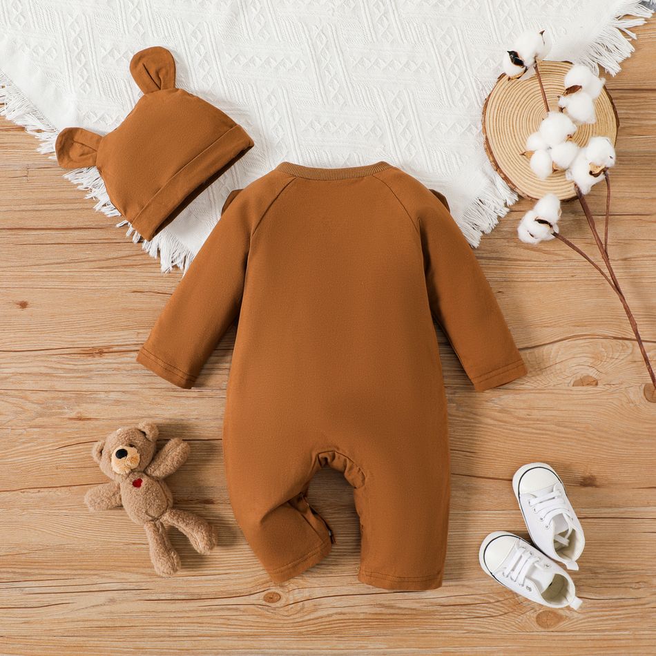 2pcs Baby Boy/Girl 95% Cotton Long-sleeve Bear Print 3D Ears Design Brown Jumpsuit with Hat Set Brown big image 2