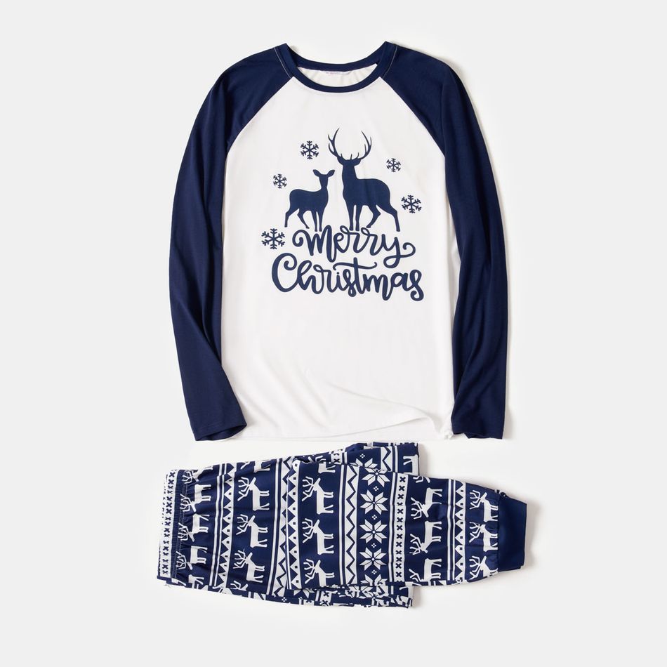 Family Matching Blue Raglan-sleeve Deer & Letter Graphic Allover Print Pajamas Sets (Flame Resistant) BLUEWHITE big image 3