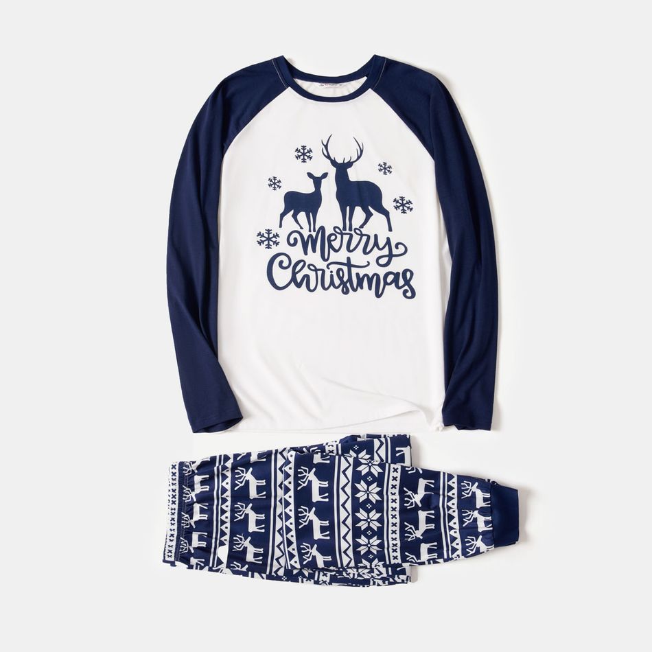 Family Matching Blue Raglan-sleeve Deer & Letter Graphic Allover Print Pajamas Sets (Flame Resistant) BLUEWHITE big image 9