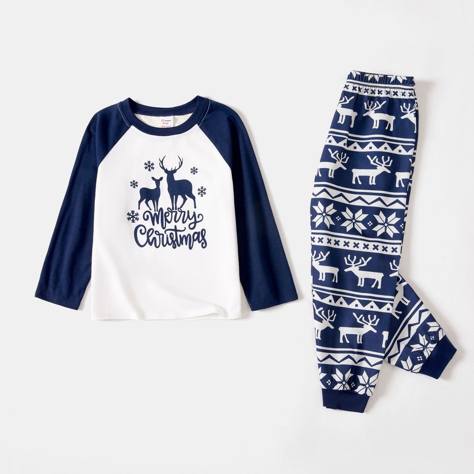 Family Matching Blue Raglan-sleeve Deer & Letter Graphic Allover Print Pajamas Sets (Flame Resistant) BLUEWHITE big image 6