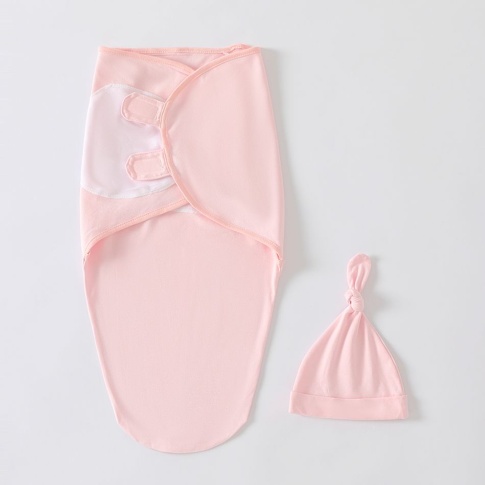 2-pack 100% Cotton Newborn Receiving Blanket Baby Sleeping Bag Swaddles Wrap Blanket & Beanie Hat Set Light Pink big image 1