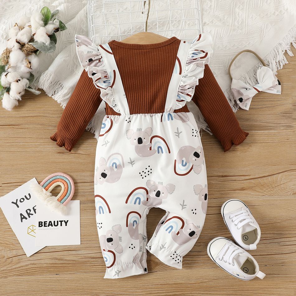 2pcs Baby Girl 95% Cotton Long-sleeve Rib Knit Spliced Koala Print Ruffle Trim Jumpsuit with Headband Set Brown big image 2