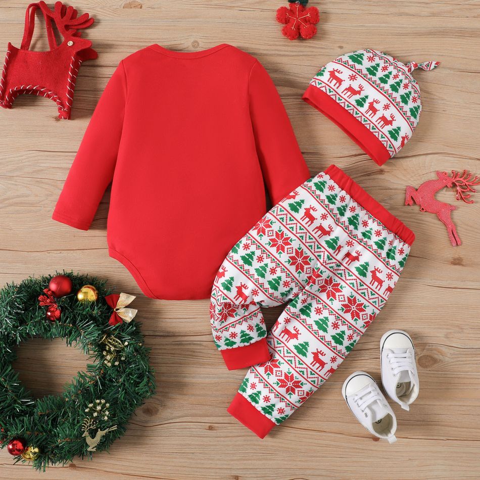Christmas 3pcs Baby Boy Red Long-sleeve Graphic Romper and Allover Print Pants with Hat Set REDWHITE big image 2