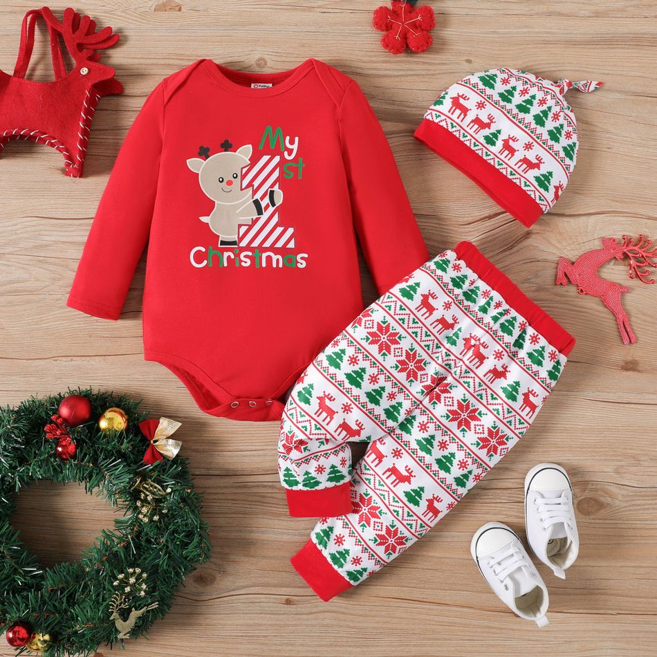 Christmas 3pcs Baby Boy Red Long-sleeve Graphic Romper and Allover Print Pants with Hat Set REDWHITE