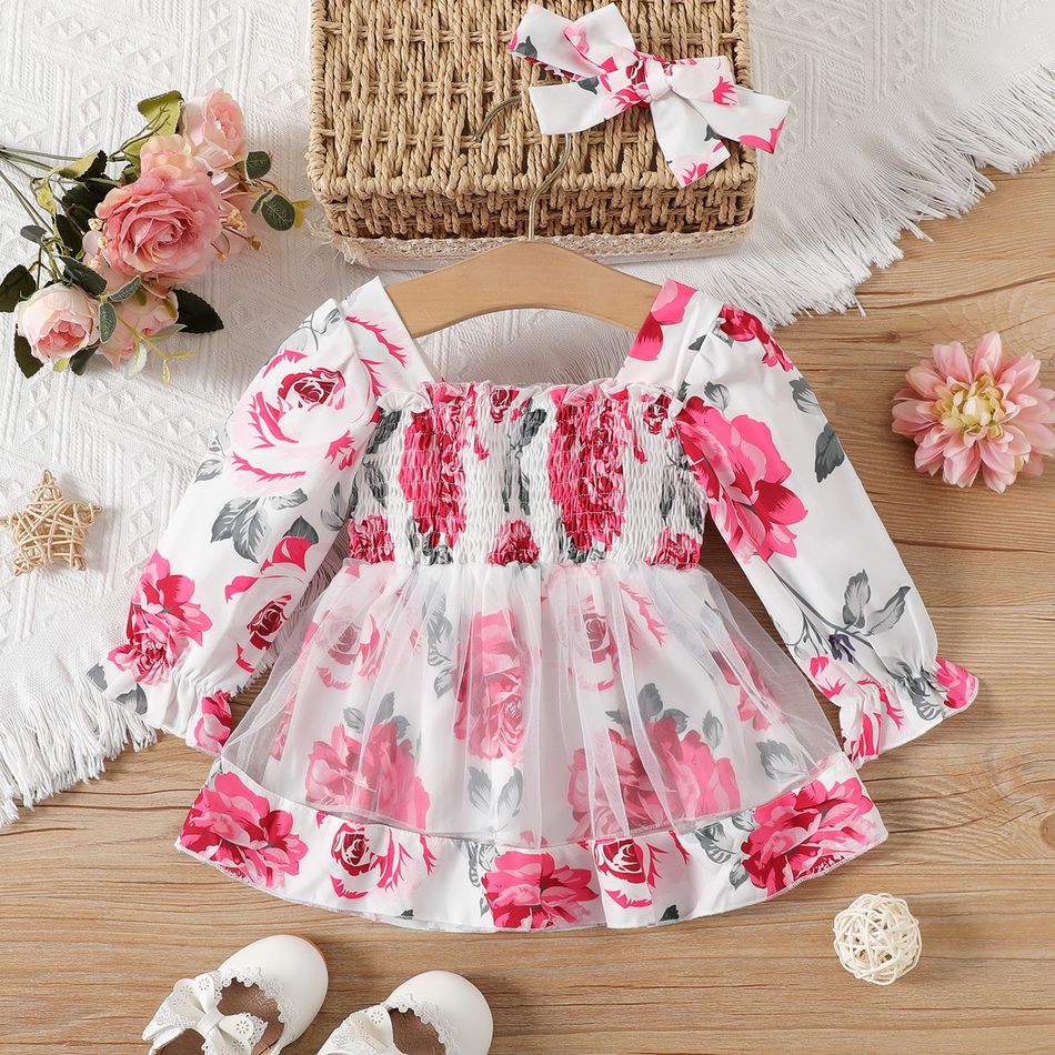 2pcs Baby Girl Allover Floral Print Square Neck Long-sleeve Shirred Mesh Dress Red