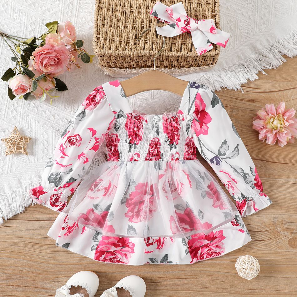 2pcs Baby Girl Allover Floral Print Square Neck Long-sleeve Shirred Mesh Dress Red big image 2