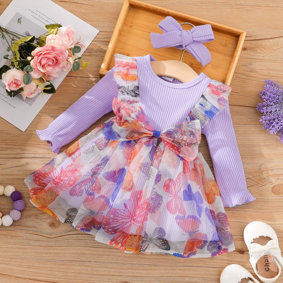 2 unidades Bebé Extremidades franzidas Borboleta Bonito Manga comprida Vestidos Roxo Claro big image 1