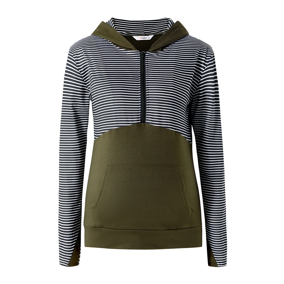 Nursing Stripe Panel Kangaroo Pocket Half Zip Long-sleeve Hoodie Army green big image 2