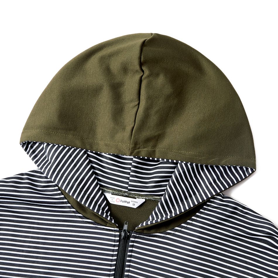 Nursing Stripe Panel Kangaroo Pocket Half Zip Long-sleeve Hoodie Army green big image 4