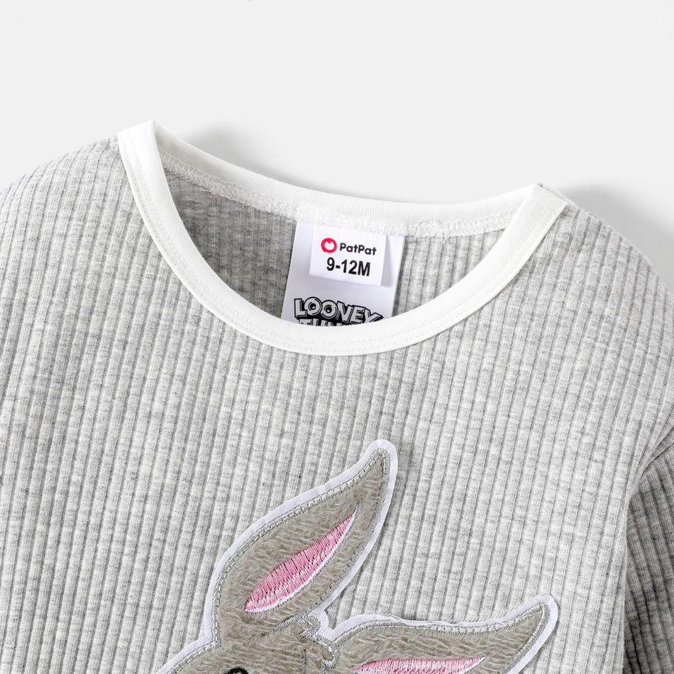 Looney Tunes Baby Boy/Girl Animal Embroidered Long-sleeve Rib Knit Romper flowergrey big image 4
