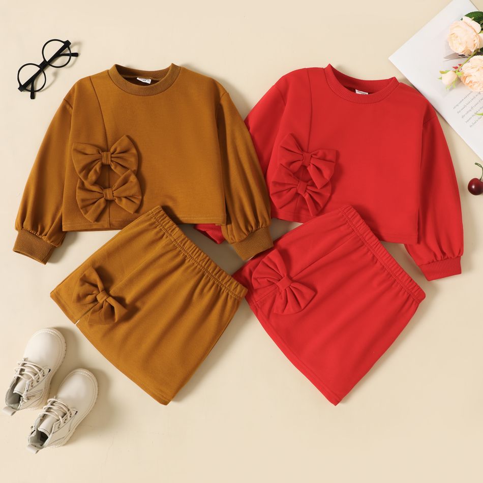 2-piece Toddler Girl Solid Bow Decor Long-sleeve Pullover Top and Skirt Set Brown big image 2
