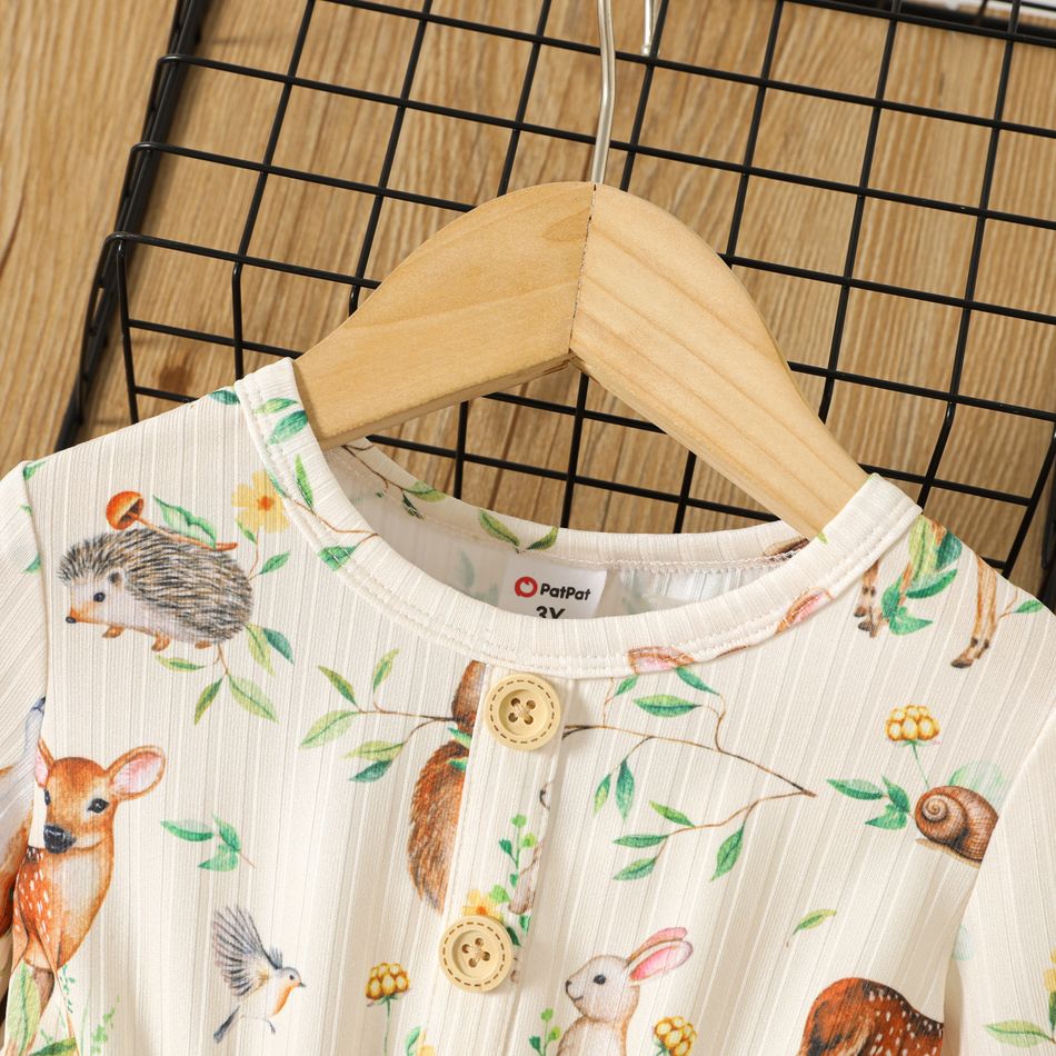 Toddler Girl Animal Print Button Design Long-sleeve Dress Beige big image 3