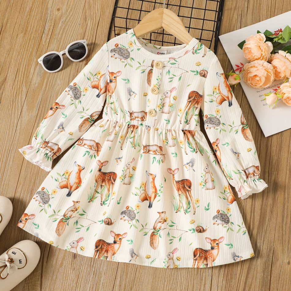 Toddler Girl Animal Print Button Design Long-sleeve Dress Beige