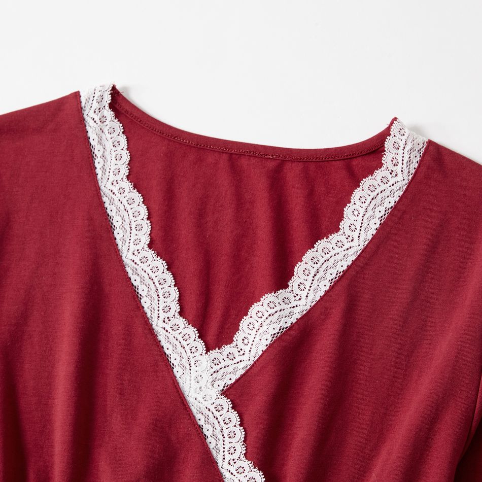 Nursing Lace Trim Long-sleeve Tee and Pants Pajamas Lounge Set Burgundy big image 5