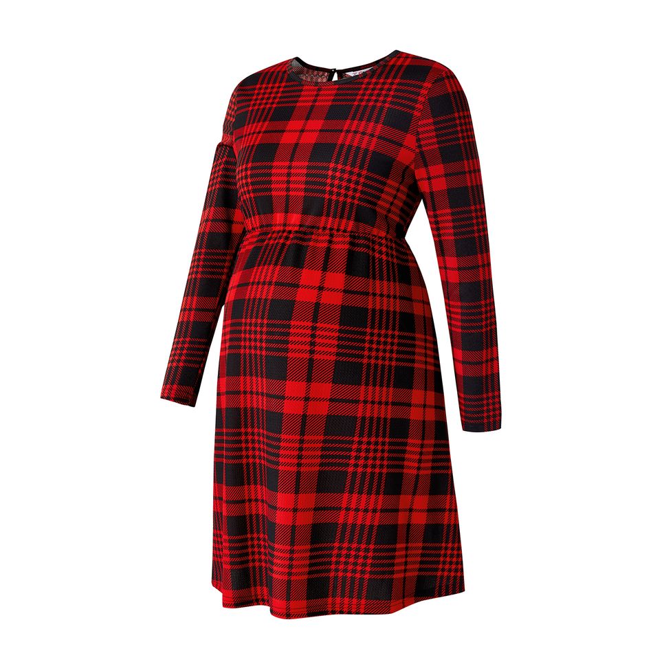 Langärmlige Umstandskleider Outdoor Klassisch Voll-Print Plaid Gewebt Knielanger Rock Weinrot big image 3