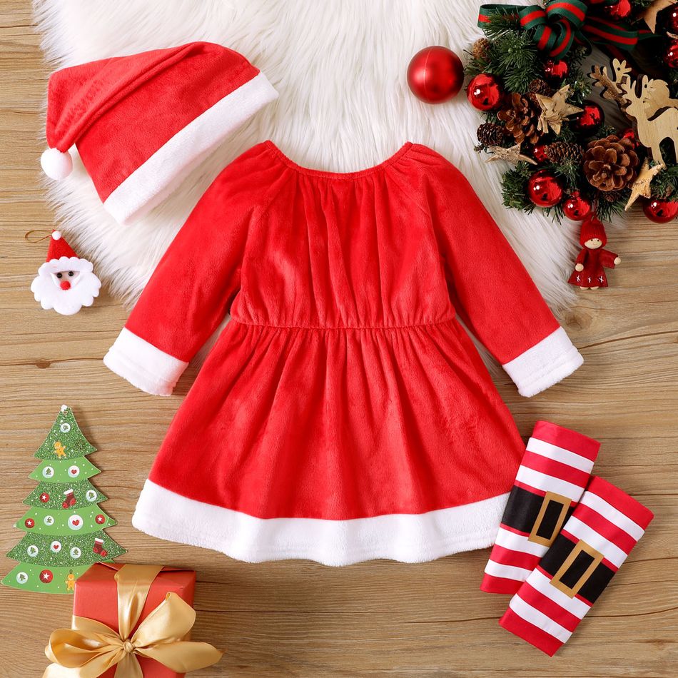 Christmas 3pcs Baby Girl Red Fleece Long-sleeve Dress with Xmas Hat & Calf Sleeves Set REDWHITE big image 2