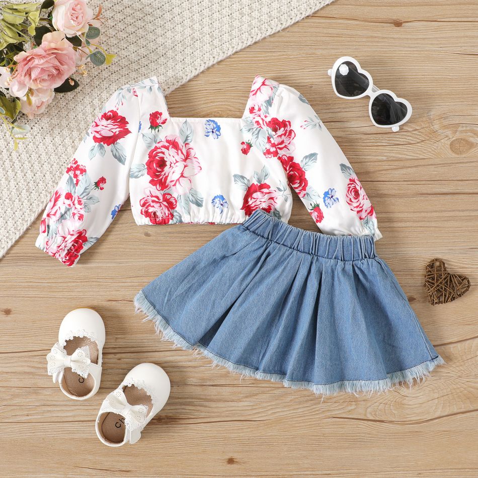 2pcs Baby Girl 100% Cotton Raw Trim Denim Skirt and Allover Floral Print Square Neck Long-sleeve Crop Top Set White big image 2
