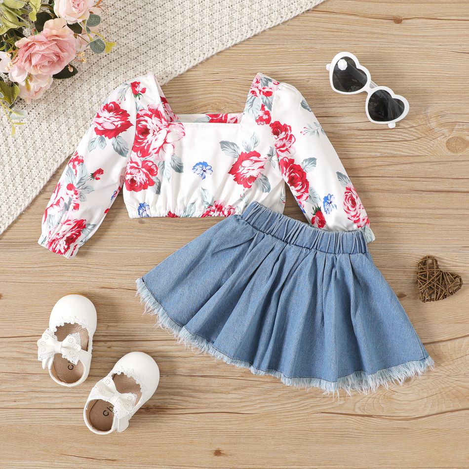 2pcs Baby Girl 100% Cotton Raw Trim Denim Skirt and Allover Floral Print Square Neck Long-sleeve Crop Top Set White big image 1