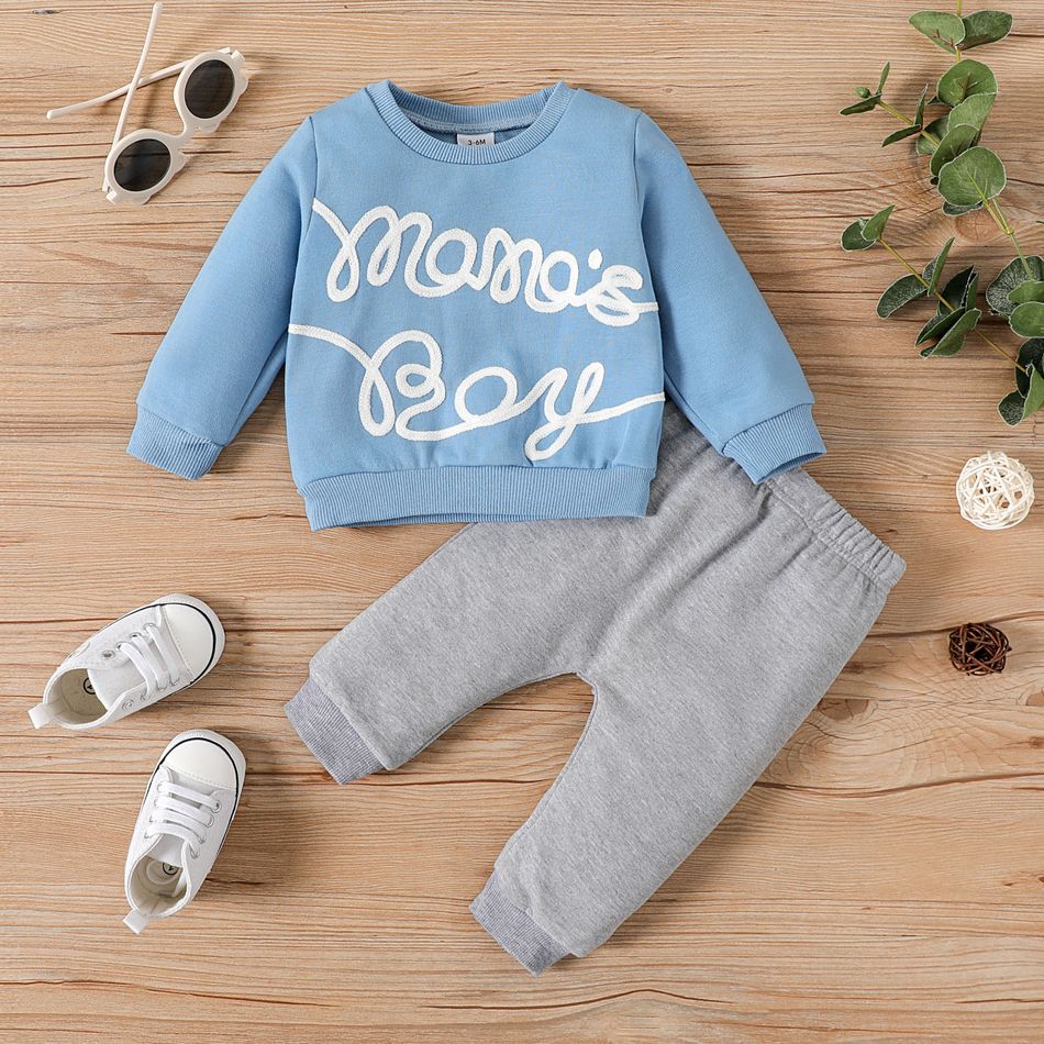 2pcs Baby Boy Letter Embroidered Long-sleeve Sweatshirt and Solid Sweatpants Set Blue