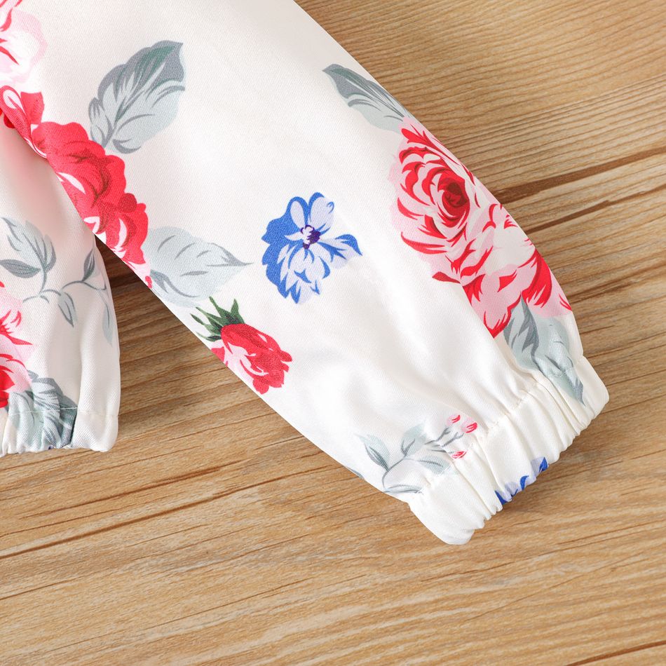 قطعتان من تنورة الدنيم المصنوعة من القطن الخالص 100٪ للفتيات الصغيرات ومجموعة علوية قصيرة بأكمام طويلة وطباعة الأزهار أبيض big image 5