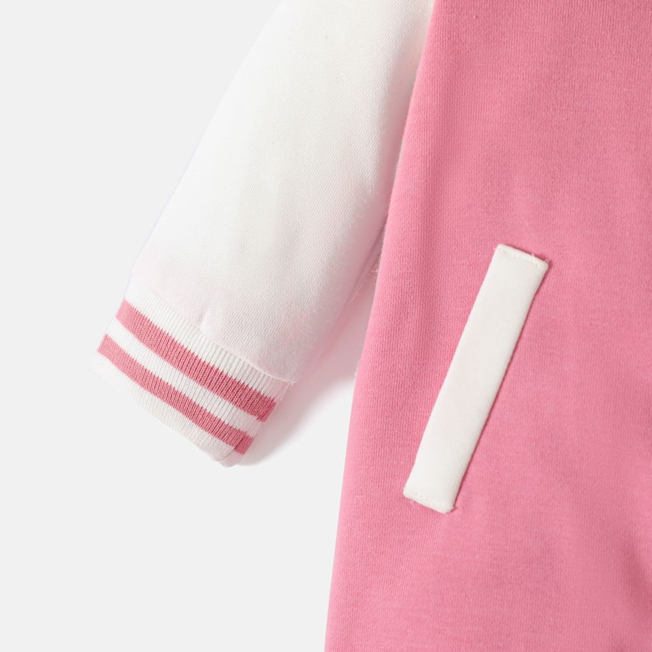 Barbie Baby Girl Letter Graphic Drop Shoulder Long-sleeve Button Front Jumpsuit Pink
