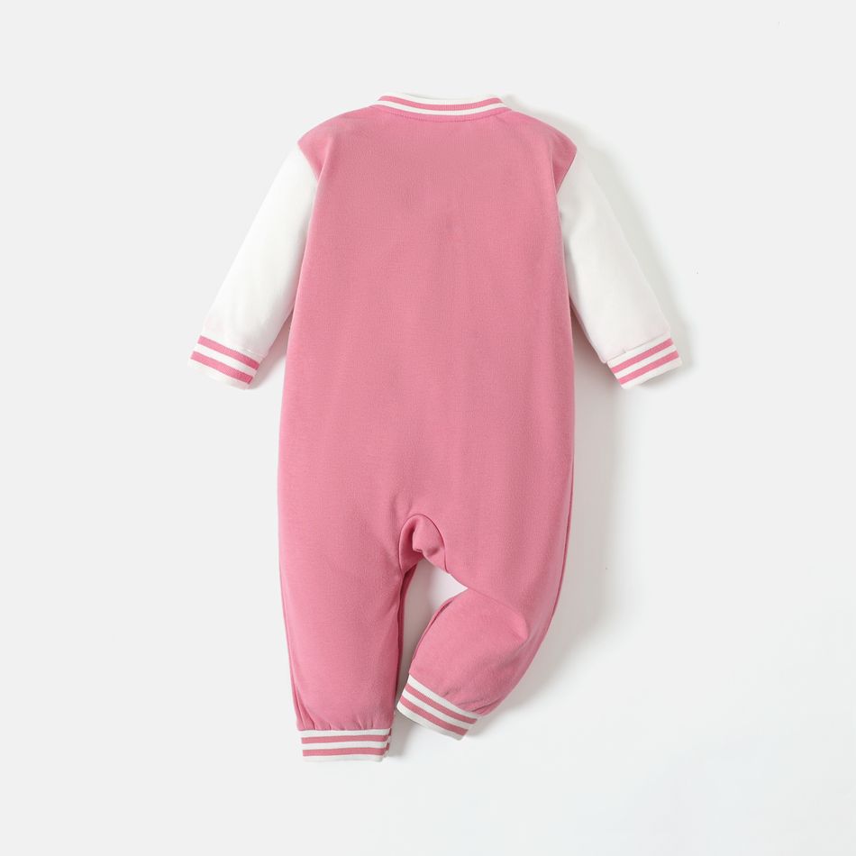 Barbie Baby Girl Letter Graphic Drop Shoulder Long-sleeve Button Front Jumpsuit Pink big image 3