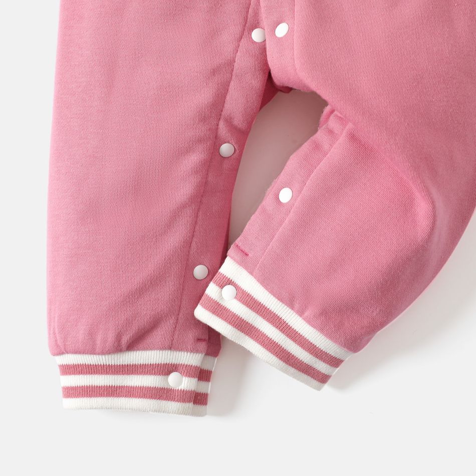 Barbie Baby Girl Letter Graphic Drop Shoulder Long-sleeve Button Front Jumpsuit Pink big image 5