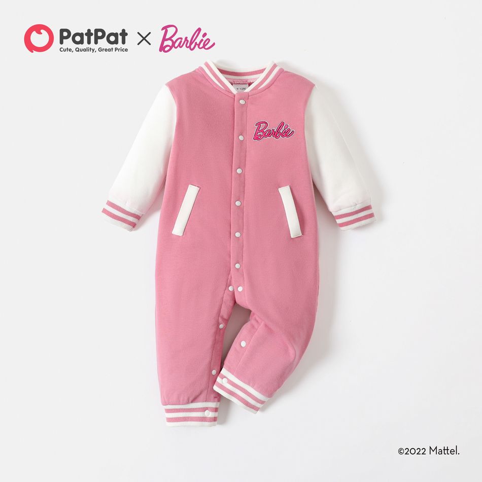 Barbie Baby Girl Letter Graphic Drop Shoulder Long-sleeve Button Front Jumpsuit Pink big image 2
