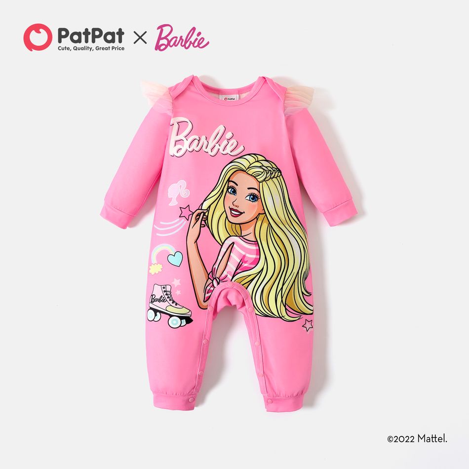 Barbie Baby Girl Mesh Ruffle Long-sleeve Graphic Pink Jumpsuit Pink big image 2
