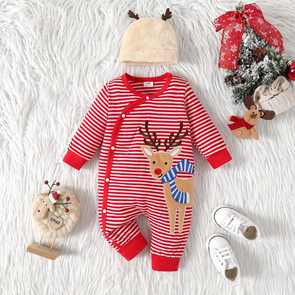 Christmas 2pcs Baby Girl Reindeer Embroidered Red Striped Long-sleeve Button Jumpsuit with Hat Set Red