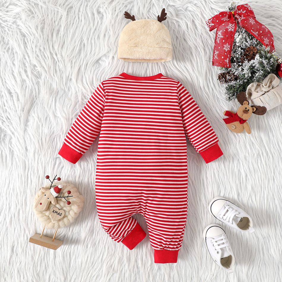 Christmas 2pcs Baby Girl Reindeer Embroidered Red Striped Long-sleeve Button Jumpsuit with Hat Set Red big image 2