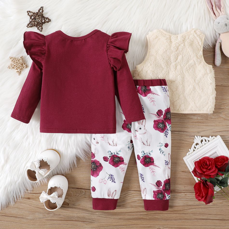 3-Pack Baby Girl 95% Cotton Ruffle Long-sleeve Tee and Floral Print Pants with Fuzzy Vest Set MultiColour big image 2