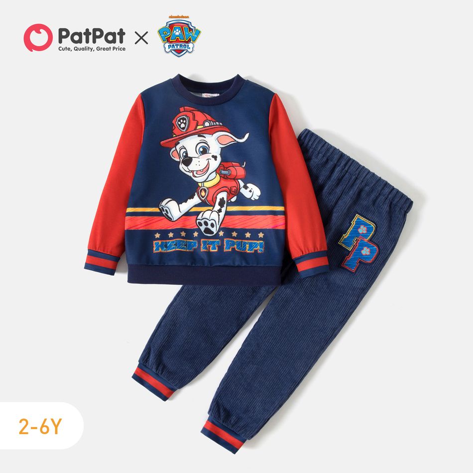 PAW Patrol 2pcs Toddler Boy Colorblock Pullover Sweatshirt and Embroidered Corduroy Pants Set blueblack