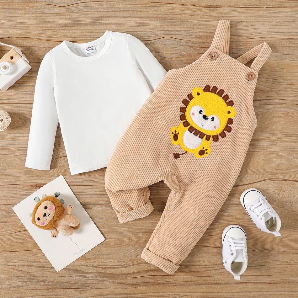 2pcs Baby Boy Lion Embroidered Corduroy Overalls and Solid Long-sleeve Tee Set ColorBlock big image 2