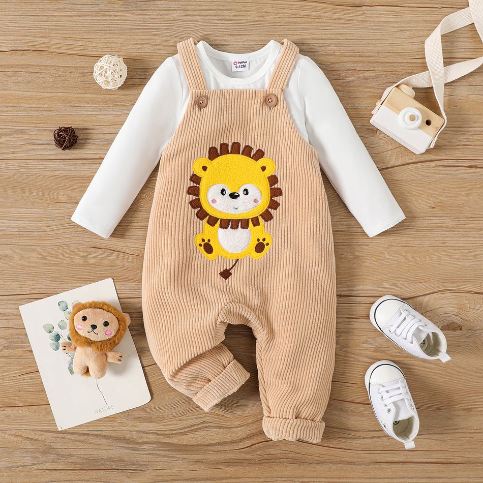 2pcs Baby Boy Lion Embroidered Corduroy Overalls and Solid Long-sleeve Tee Set ColorBlock big image 1