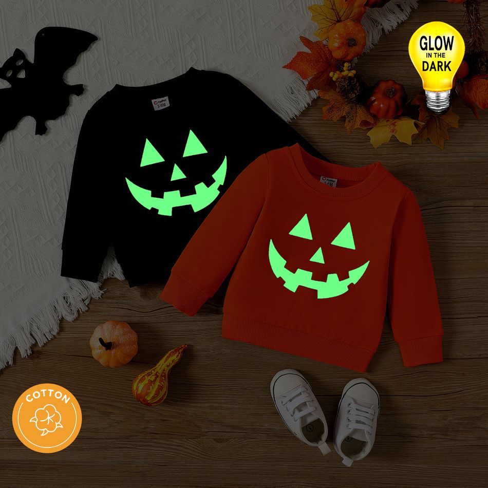 Halloween Baby Boy/Girl 100% Cotton Long-sleeve Glow In The Dark Pumpkin Face Print Sweatshirt orangered big image 2