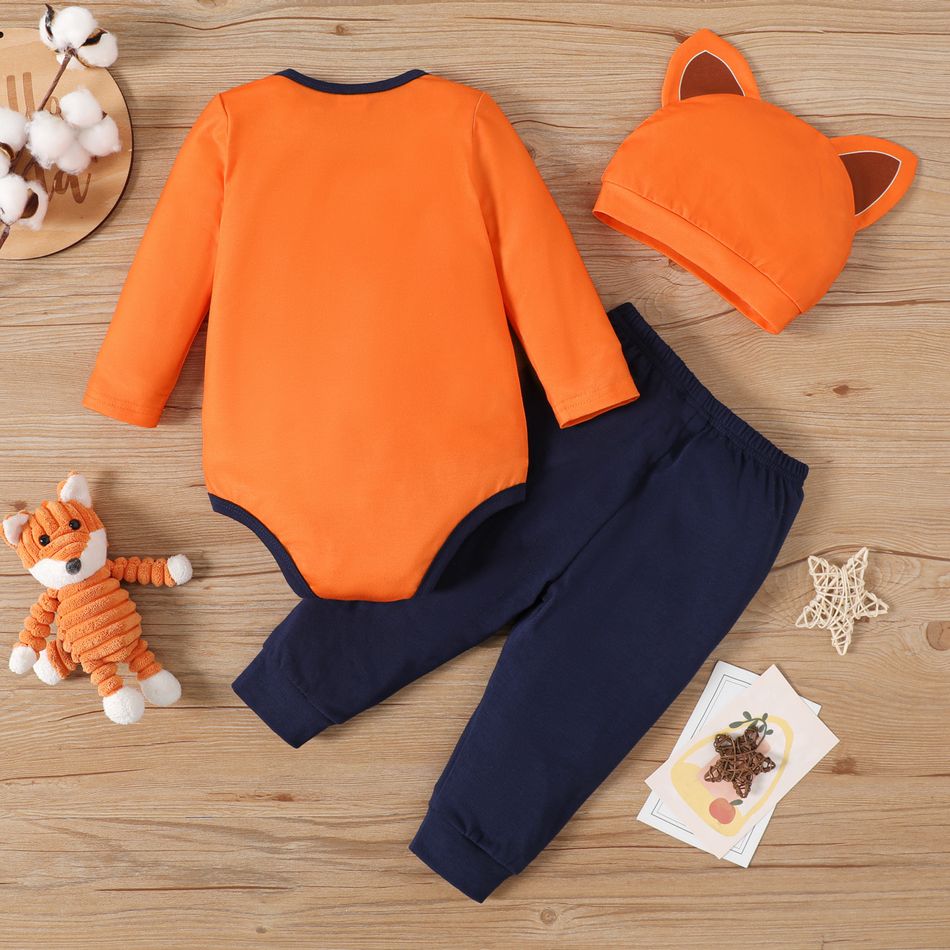 3pcs Baby Boy/Girl Fox Print Long-sleeve Romper and Solid Pants with Hat Set Orange big image 2