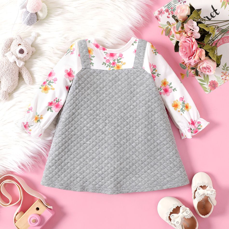Baby Girl Floral Print Long-sleeve Faux-two Bear Embroidered Textured Dress ColorBlock big image 2