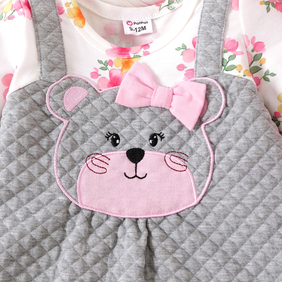 Baby Girl Floral Print Long-sleeve Faux-two Bear Embroidered Textured Dress ColorBlock big image 3