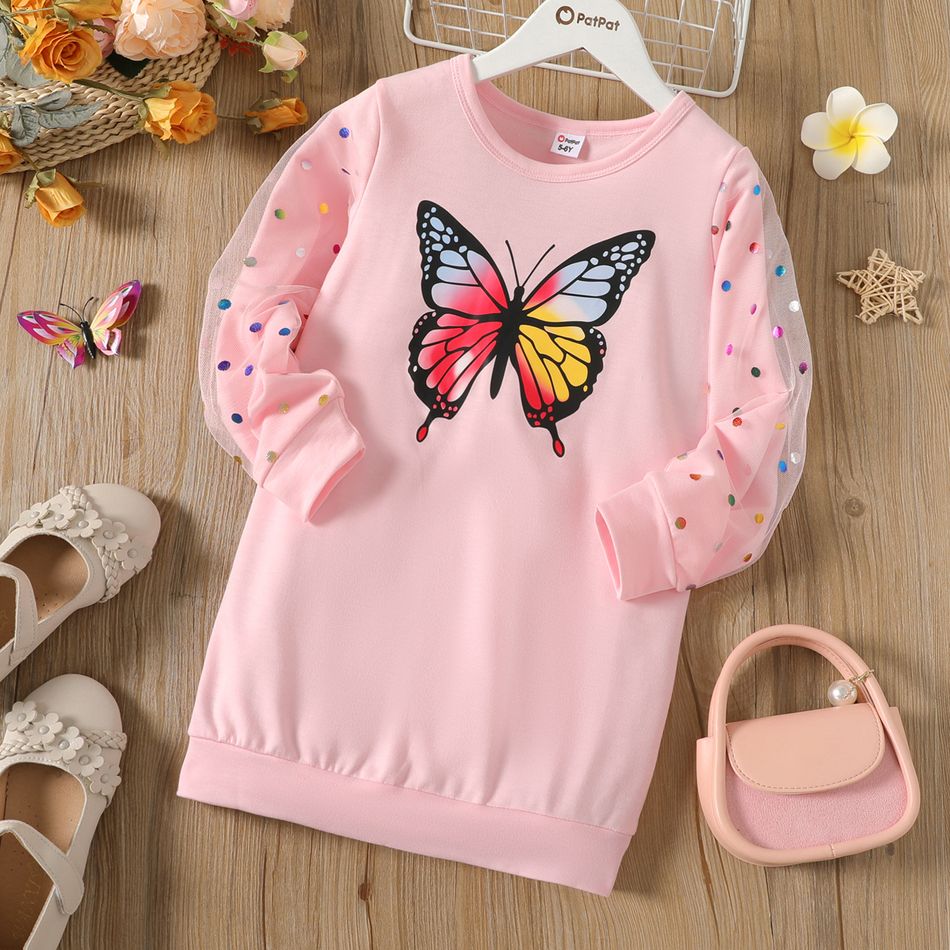Kid Girl Butterfly Print Polka dots Sweatshirt Dress Pink