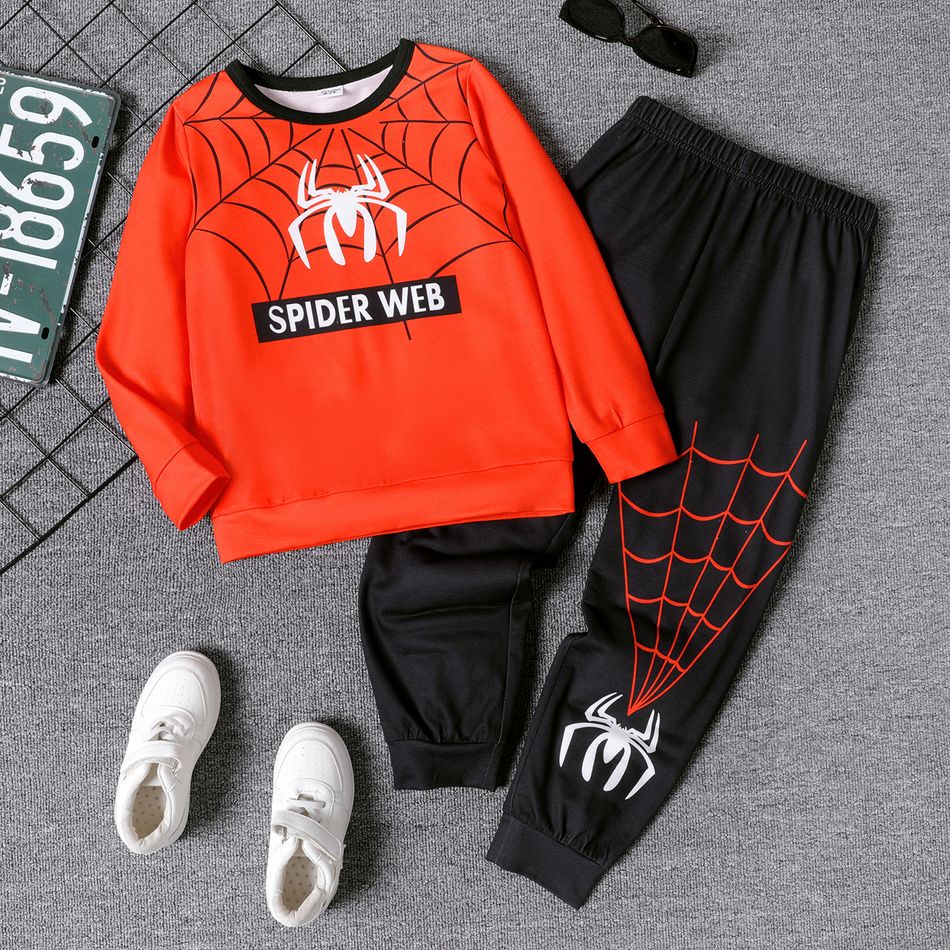 2pcs Kid Boy Spider Web Print Pullover Sweatshirt and Elasticized Pants Set Red