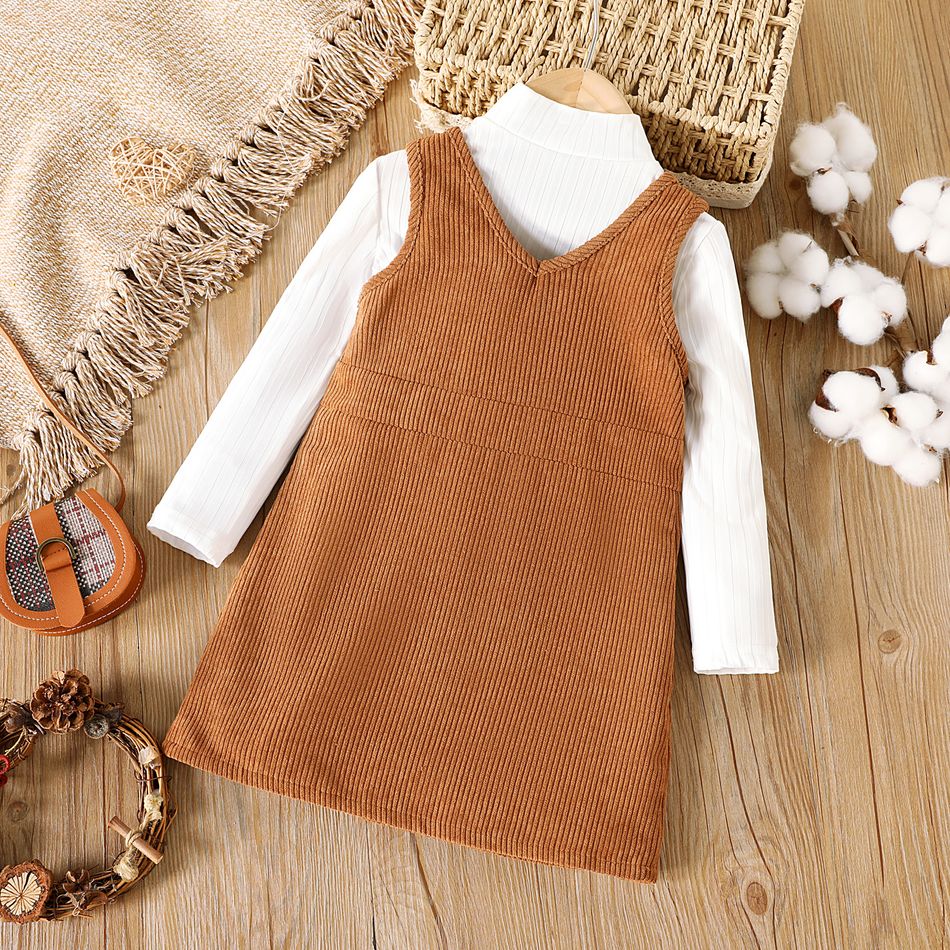 2pcs Toddler Girl Mock Neck Ribbed Long-sleeve White Tee and Button Design Overall Dress Set Reddishbrown big image 2