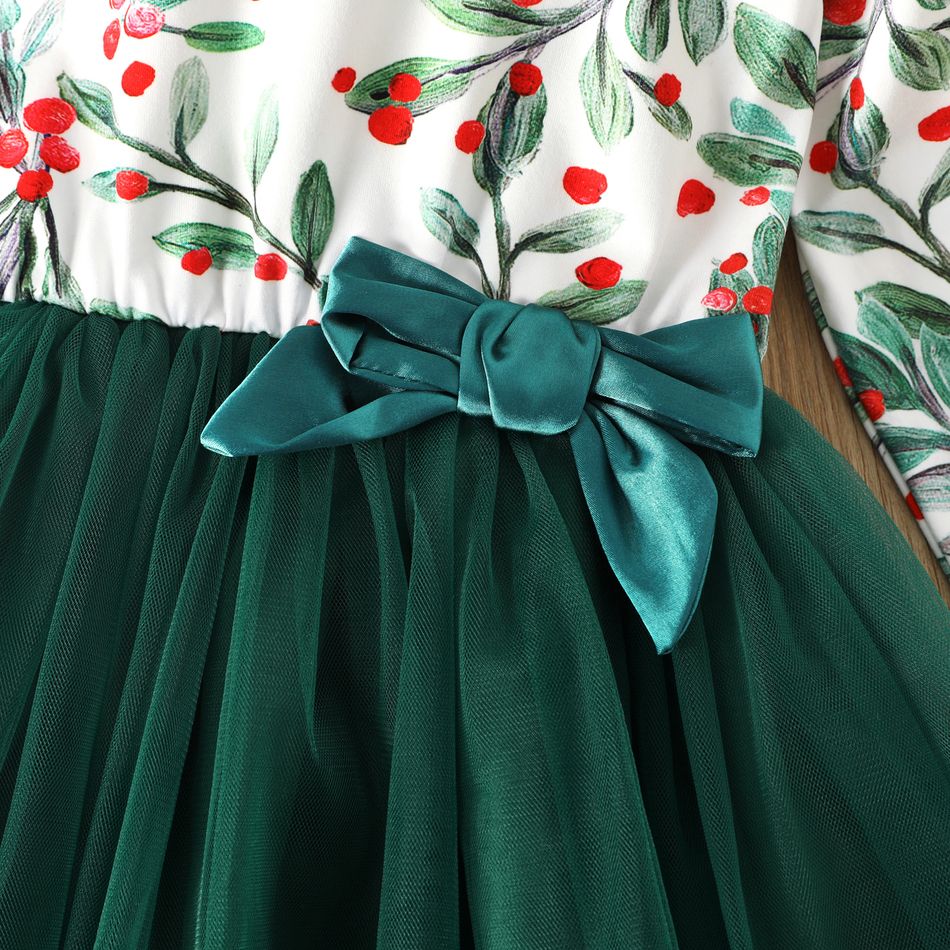 Toddler Girl Elegant Floral Print Mesh Splice Long-sleeve Dress Green big image 5