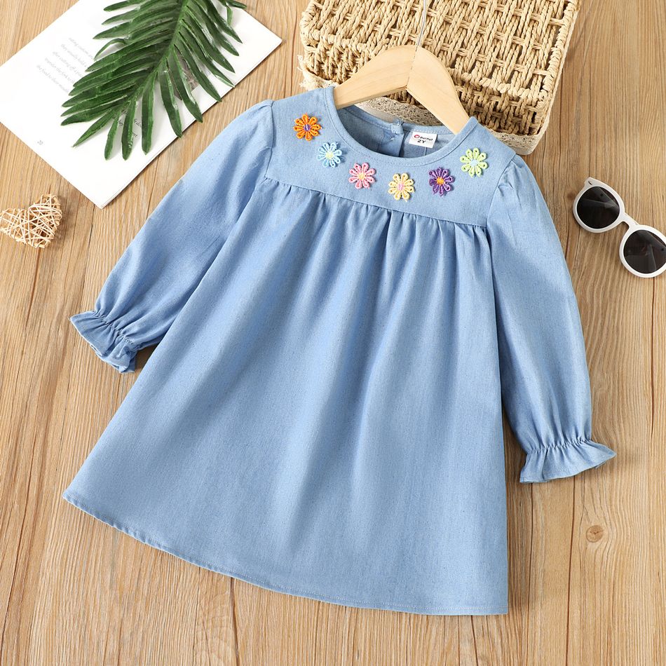 Toddler Girl Sweet Floral Embroidered Denim Long-sleeve Dress Blue