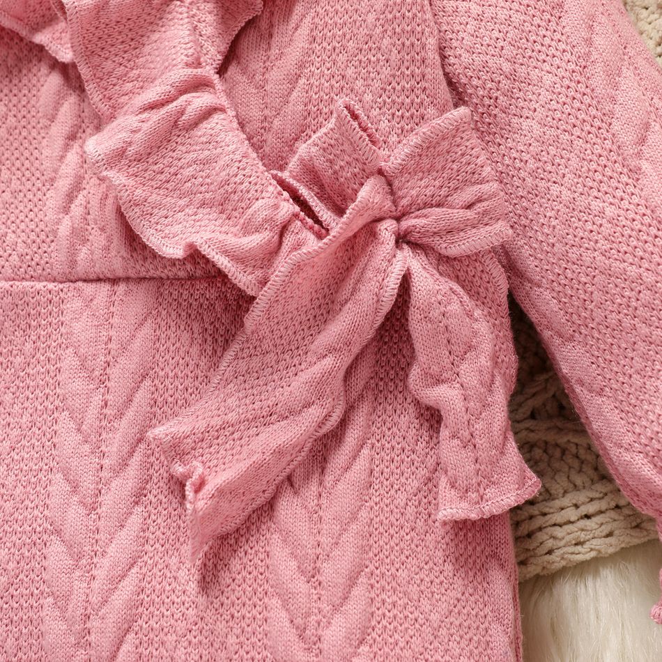2pcs Baby Girl Pink Knitted Ruffle Trim Bow Front Long-sleeve Jumpsuit with Headband Set Pink big image 4