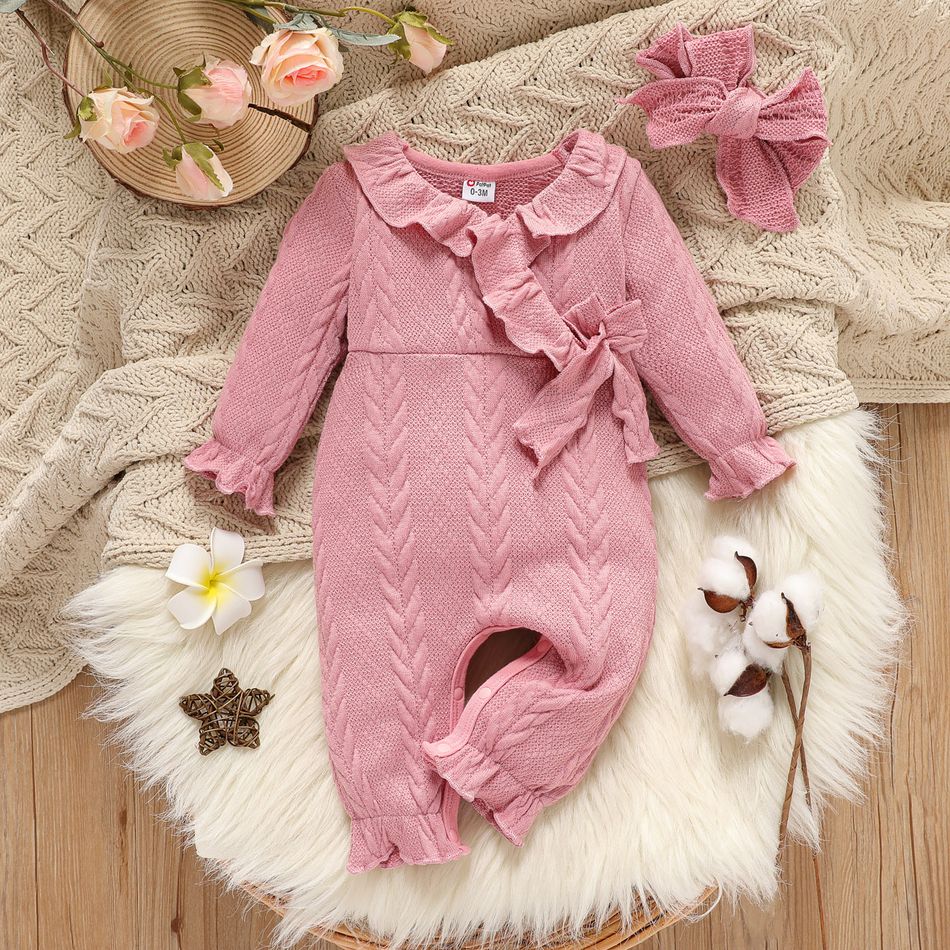 2pcs Baby Girl Pink Knitted Ruffle Trim Bow Front Long-sleeve Jumpsuit with Headband Set Pink big image 1
