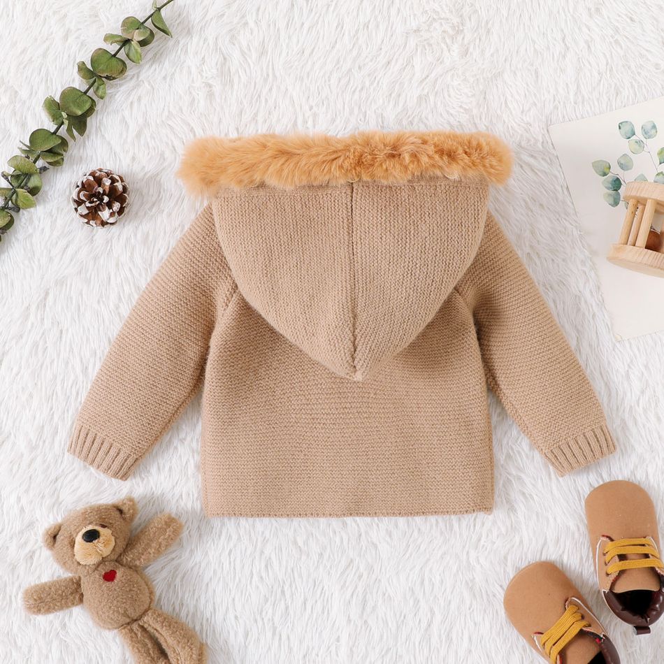 Baby Boy/Girl Faux Fur Trim Hooded Long-sleeve Knitted Sweater Khaki big image 2
