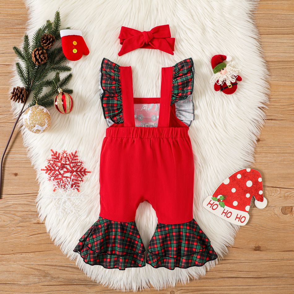Christmas 2pcs Baby Girl Car & Letter Embroidered Plaid Ruffle Trim Bell Bottom Jumpsuit with Headband Set Red big image 2