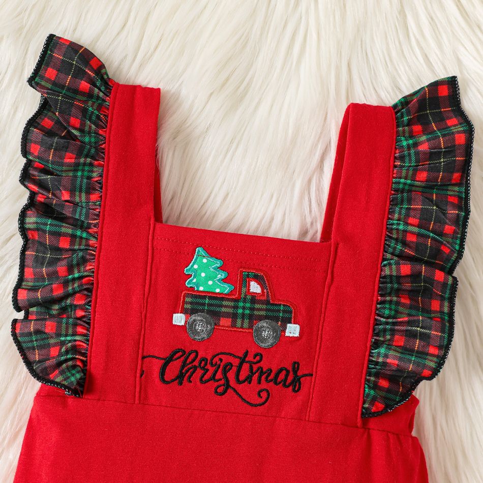 Christmas 2pcs Baby Girl Car & Letter Embroidered Plaid Ruffle Trim Bell Bottom Jumpsuit with Headband Set Red big image 4